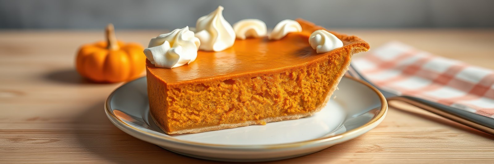 Delicious pumpkin pie slice topped with whipped cream on a wooden table surrounded by autumn decorations